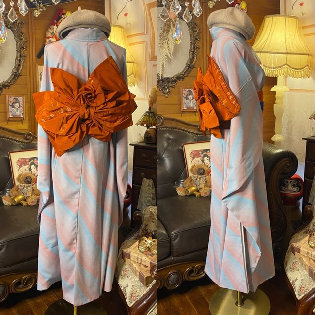 振袖 着物 ロングワンピース ドレス 2部式ローズ/バラ作り帯 リメイク