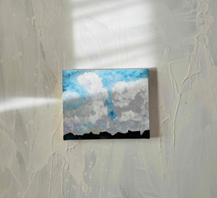 彩画　原画「民家とジャイアントクラウド」　絵画 22×27㎝ F3　キャンバス 彩画 原画「民家とジャイアントクラウド」 絵画 22×27㎝ F3 キャンバス