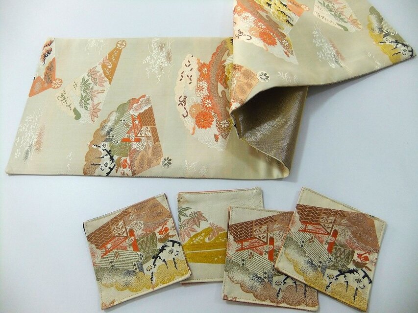 16)2419】28×98cm/アンティーク帯/テーブルセンター・コースターセット