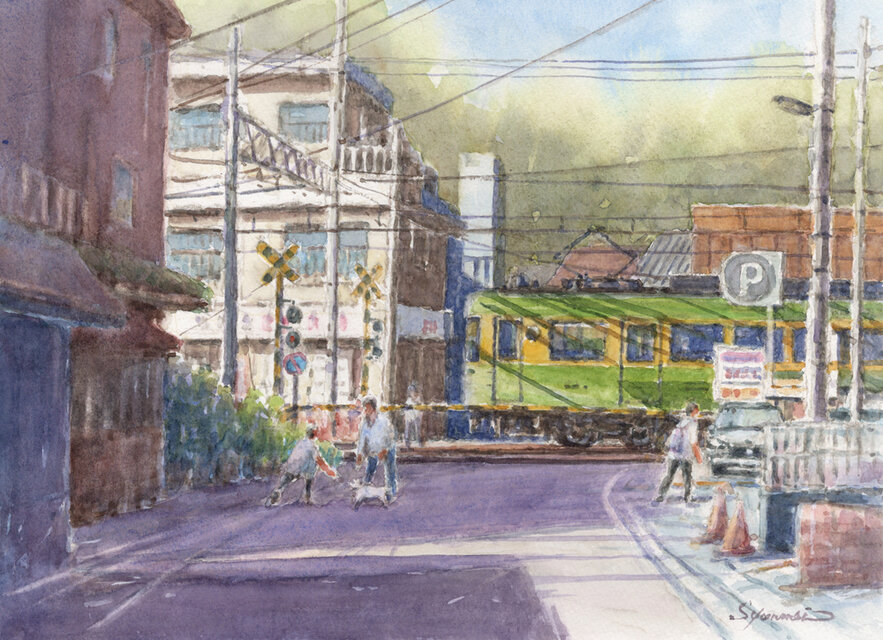 水彩画原画 江ノ電・稲村ヶ崎駅前踏切風景 ＃713 | iichi 日々の暮らし