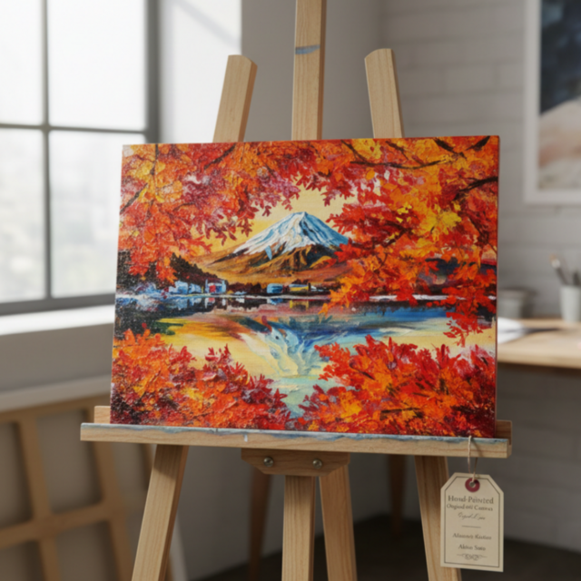 油彩画 原画 絵画「錦秋の富士」秋の風景 インテリア 壁掛け | iichi