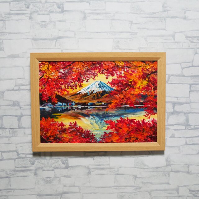 油彩画 原画 絵画「錦秋の富士」秋の風景 インテリア 壁掛け | iichi