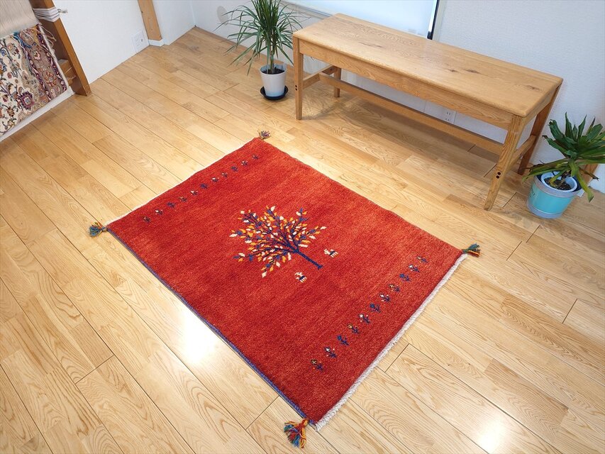 T】ペルシャ ギャッベ 玄関マット ラグ 86x58cm 茜色 孔雀 T】ペルシャ