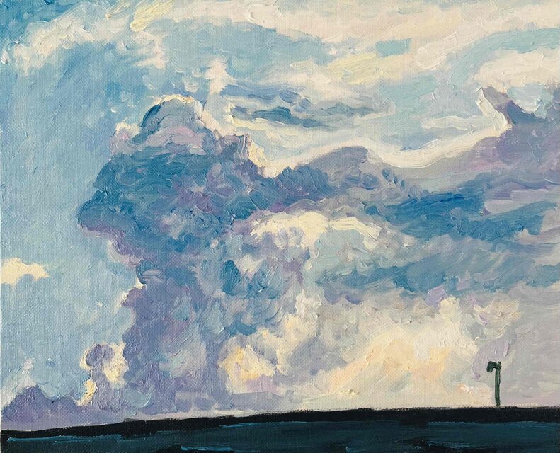 油彩画 原画「近所の風景 高速と神々の記憶が投影された空」アート