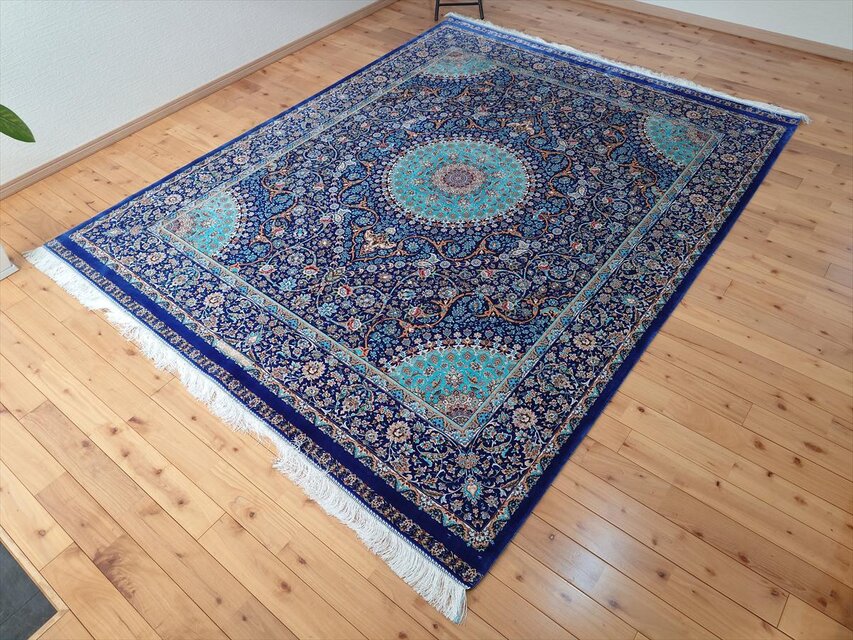 【美品】ペルシャ絨毯　アンティーク　ヴィンテージ　ブルー ペルシャ絨毯 ネイアブリシャム ハイブリッド カシャン産 リビング