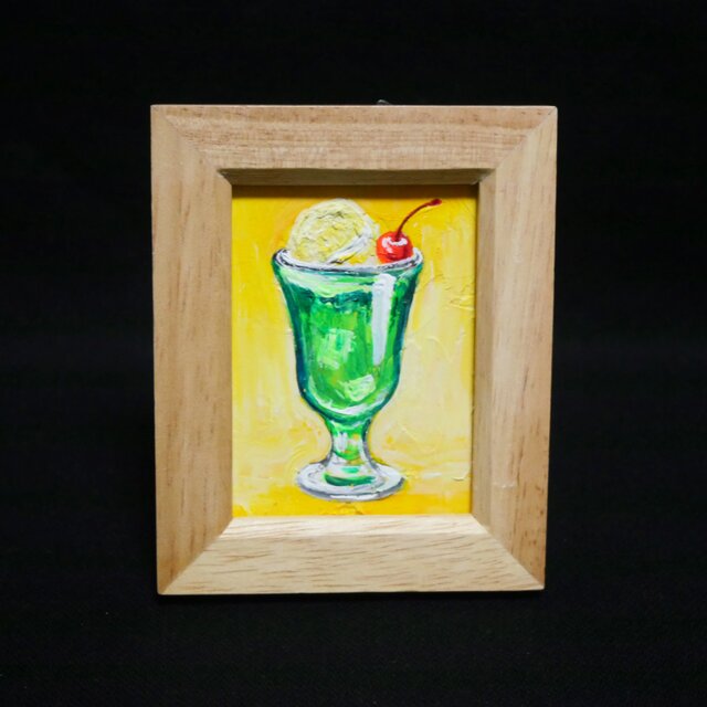 一点物【クリームソーダ】油絵 原画｜手のひらサイズのミニ絵画 木製