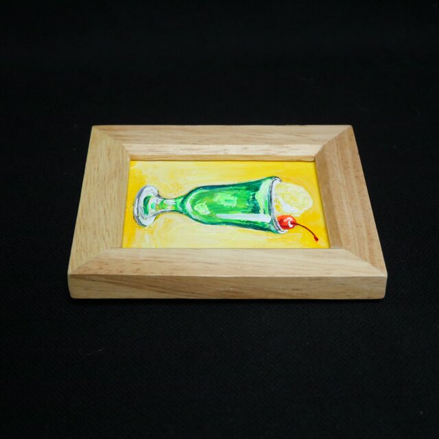 一点物【クリームソーダ】油絵 原画｜手のひらサイズのミニ絵画 木製
