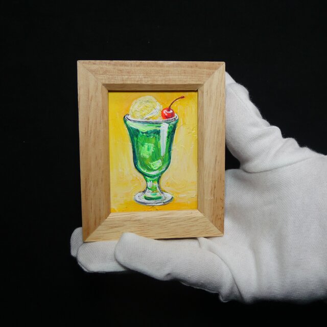 一点物【クリームソーダ】油絵 原画｜手のひらサイズのミニ絵画 木製