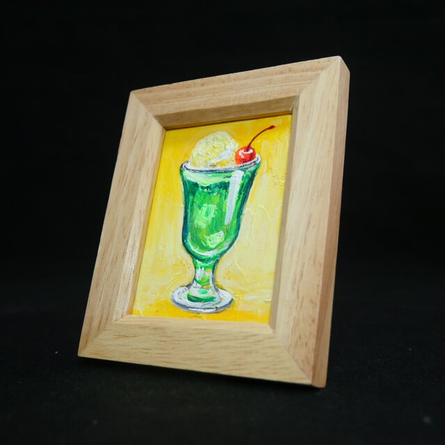 一点物【クリームソーダ】油絵 原画｜手のひらサイズのミニ絵画 木製