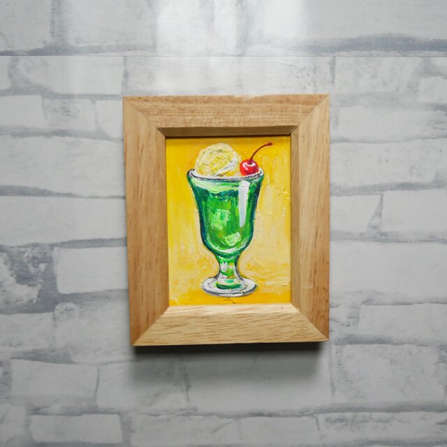 一点物【クリームソーダ】油絵 原画｜手のひらサイズのミニ絵画 木製