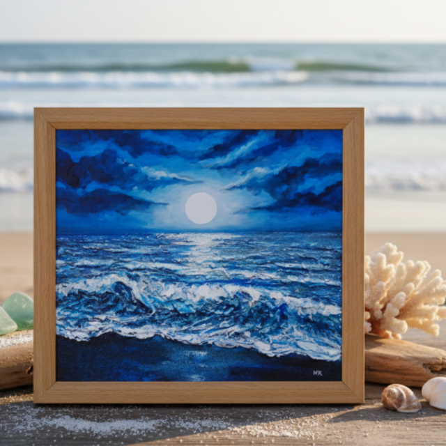 油彩画『月明かりの海』夜の静寂と波のきらめき｜原画・一点物 | iichi