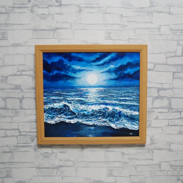 油彩画『月明かりの海』夜の静寂と波のきらめき｜原画・一点物 | iichi