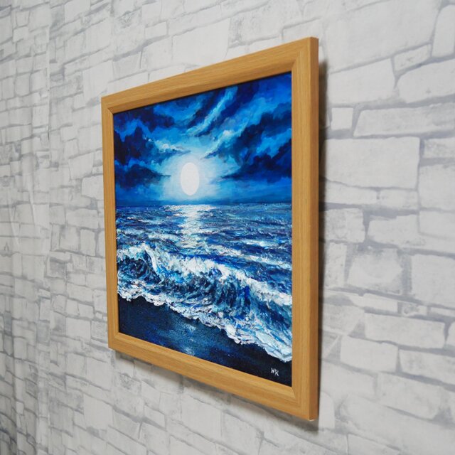 油彩画『月明かりの海』夜の静寂と波のきらめき｜原画・一点物 | iichi