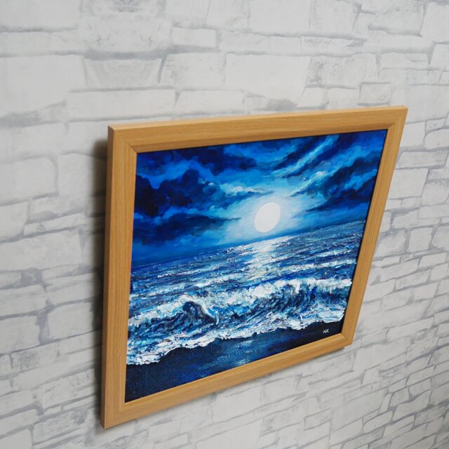 油彩画『月明かりの海』夜の静寂と波のきらめき｜原画・一点物 | iichi