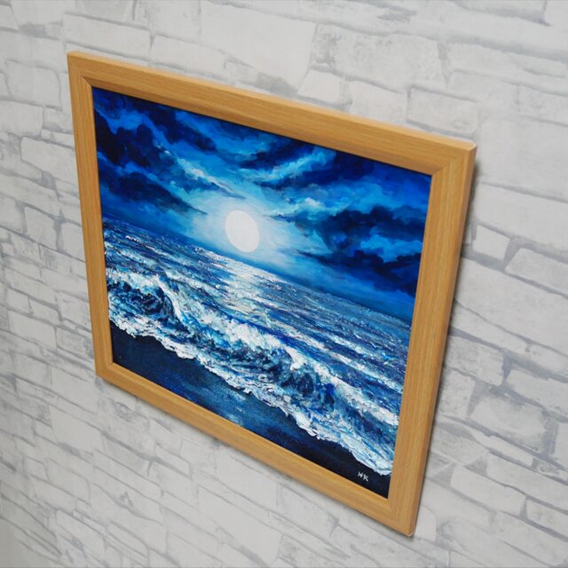 油彩画『月明かりの海』夜の静寂と波のきらめき｜原画・一点物 | iichi