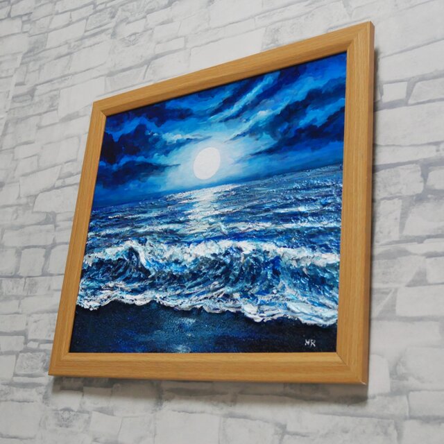 油彩画『月明かりの海』夜の静寂と波のきらめき｜原画・一点物 | iichi
