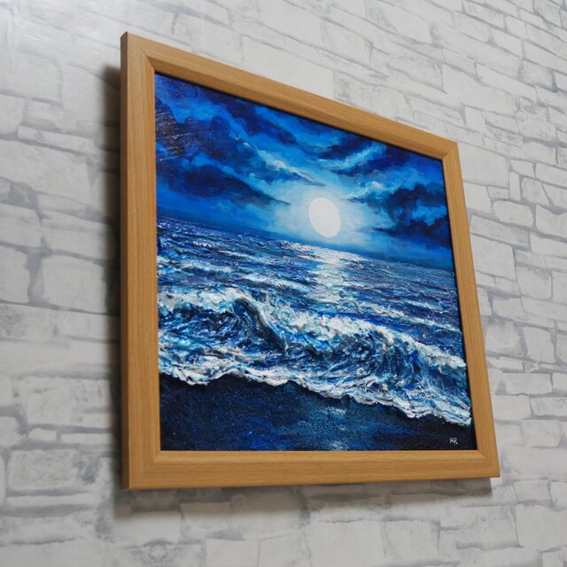 油彩画『月明かりの海』夜の静寂と波のきらめき｜原画・一点物 | iichi