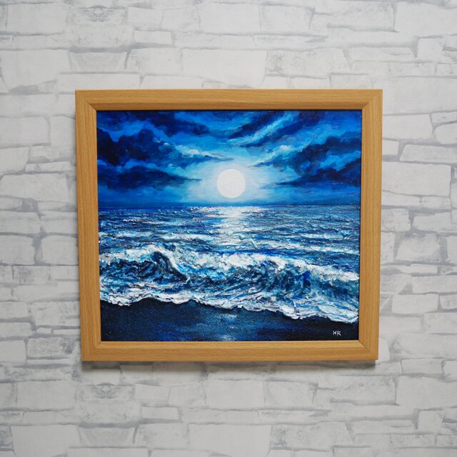 油絵、月海夜 月光（夜の海）［2004年 アクリル水彩画／夜の絵・海の絵画・アート