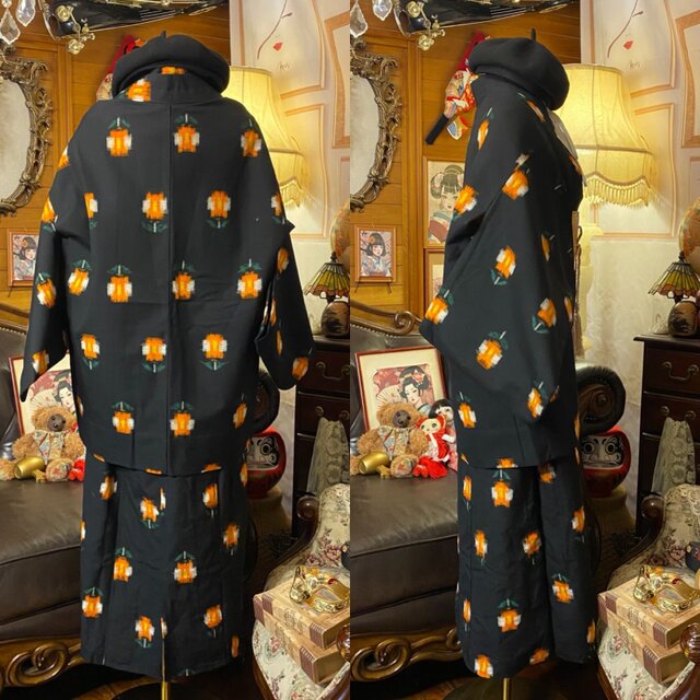 アンティーク洗い張り縮緬着物地☆スタイリッシュモードな黒地ワンピ＆サッシュベルト アンティーク洗い張り縮緬着物地☆スタイリッシュモードな黒地ワンピ