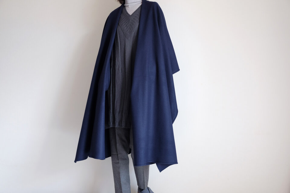 w*a様 LEONARD FASHION ネイビー ケープコート 新作・ロング ケープ コート Re_1say /圧縮 ウール ジャージー