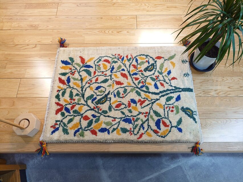 ペルシャ ギャッベ 玄関マット ラグ 87x62cm アイボリー 生命の木 鳥