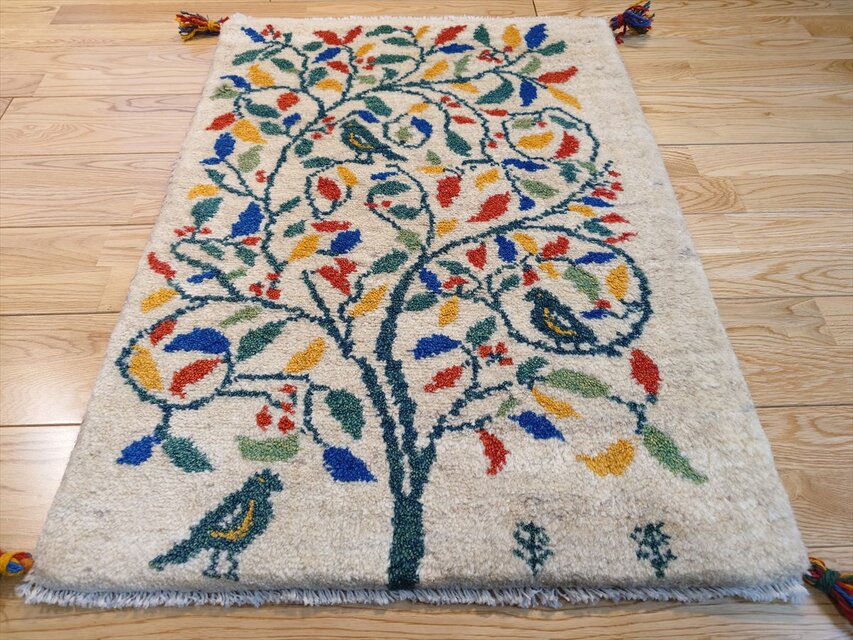 ペルシャ ギャッベ 玄関マット ラグ 87x62cm アイボリー 生命の木 鳥