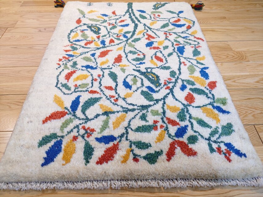 ペルシャ ギャッベ 玄関マット ラグ 87x62cm アイボリー 生命の木 鳥