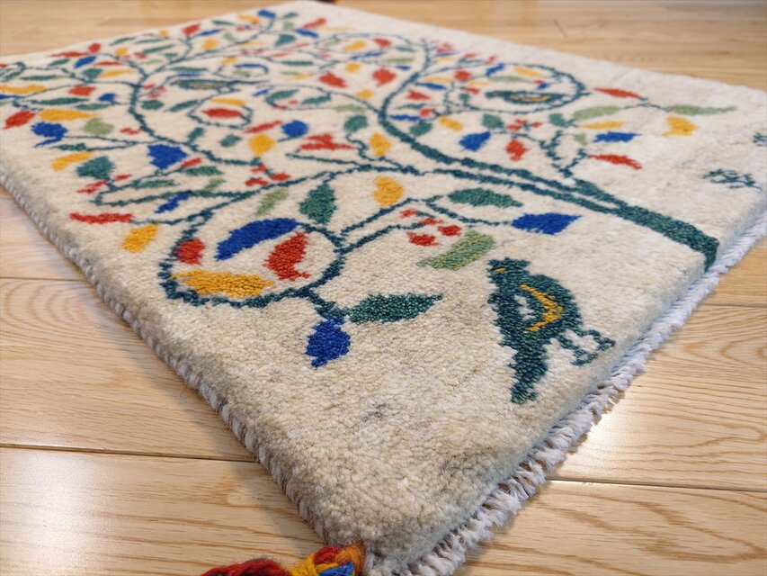 ペルシャ ギャッベ 玄関マット ラグ 87x62cm アイボリー 生命の木 鳥