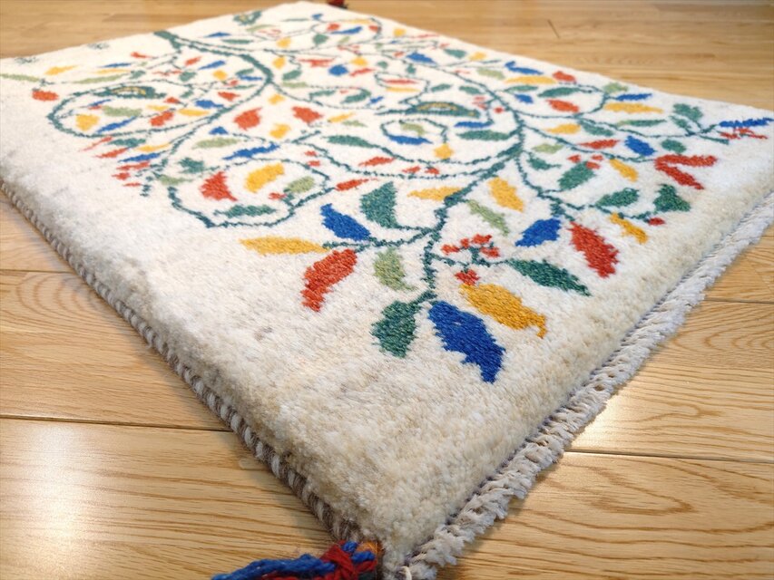 ペルシャ ギャッベ 玄関マット ラグ 87x62cm アイボリー 生命の木 鳥