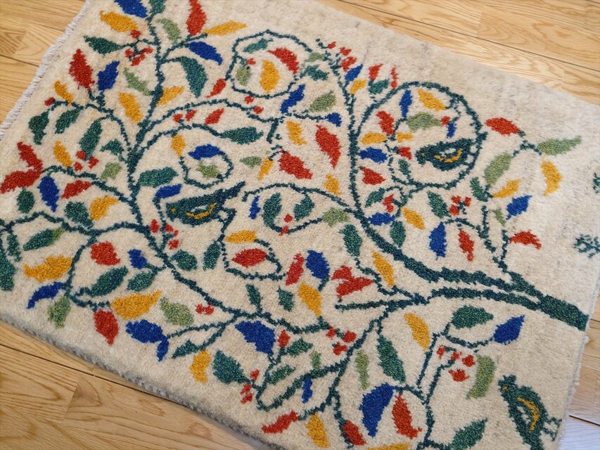 ペルシャ ギャッベ 玄関マット ラグ 87x62cm アイボリー 生命の木 鳥