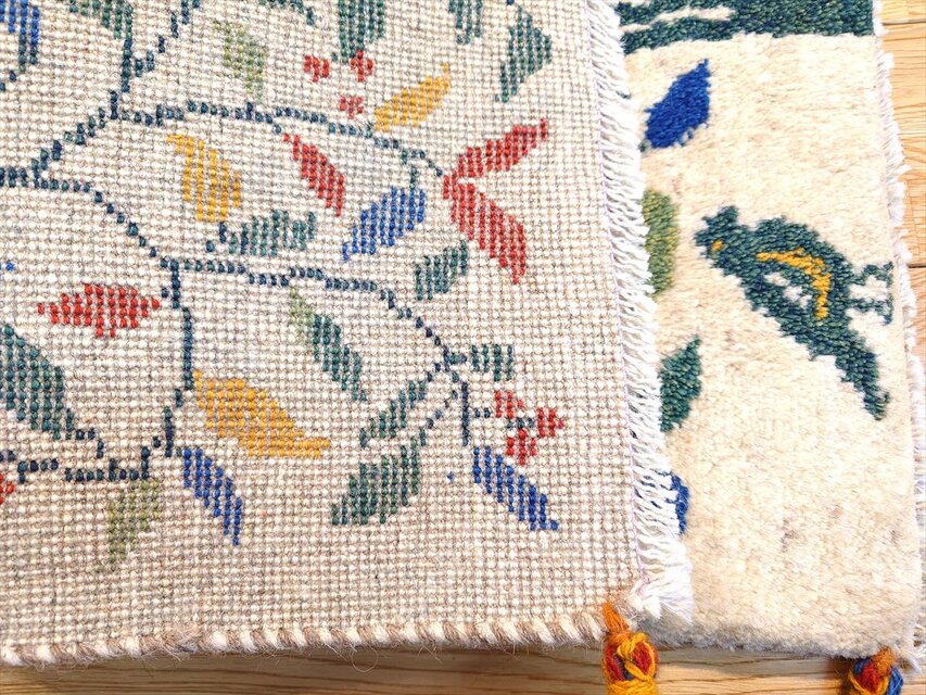 ペルシャ ギャッベ 玄関マット ラグ 87x62cm アイボリー 生命の木 鳥