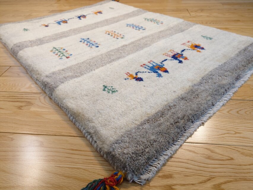 ペルシャ ギャッベ 玄関マット ラグ 94x67cm ベージュ グレー ラクダ