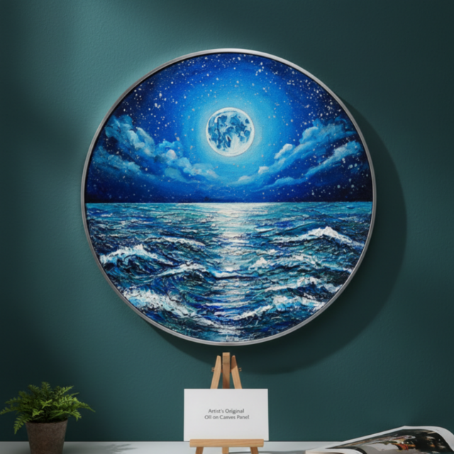 油絵】心を落ち着かせる海景画 丸形「青い満月と輝く海」油彩画