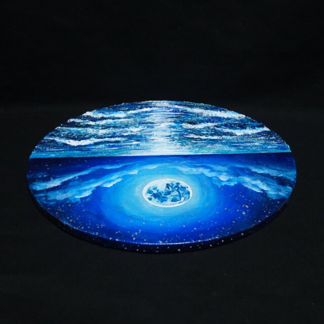 油絵】心を落ち着かせる海景画 丸形「青い満月と輝く海」油彩画