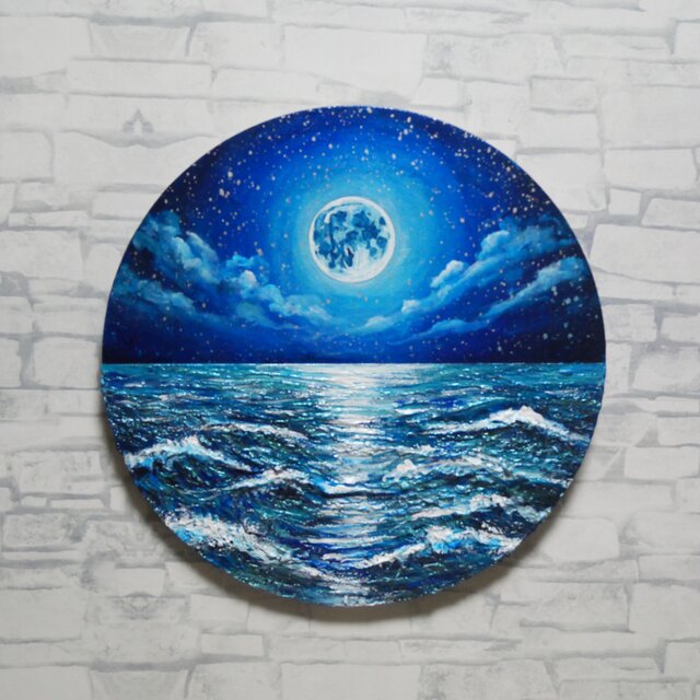 油絵 油彩 油彩画 絵 絵画 【青い満月と輝く海】 油絵 油彩 油彩画 絵