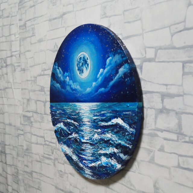 油絵】心を落ち着かせる海景画 丸形「青い満月と輝く海」油彩画