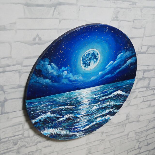 油絵】心を落ち着かせる海景画 丸形「青い満月と輝く海」油彩画