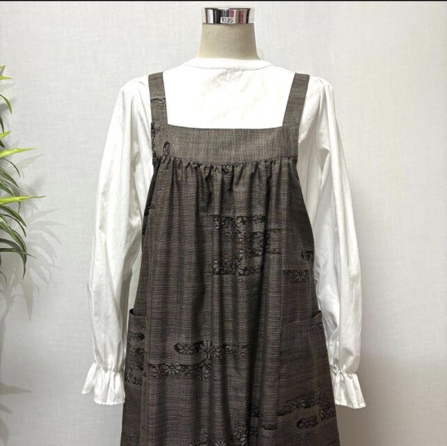 着物リメイク 大島紬花柄ジャンパースカート ロングワンピース ミモレ