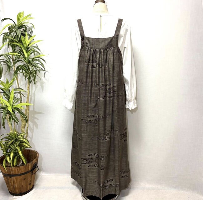 着物リメイク 大島紬花柄ジャンパースカート ロングワンピース ミモレ