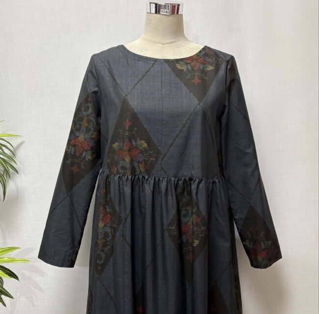 着物リメイク 大島紬花柄ワンピース ロング 2WAY ゆったり ふんわり