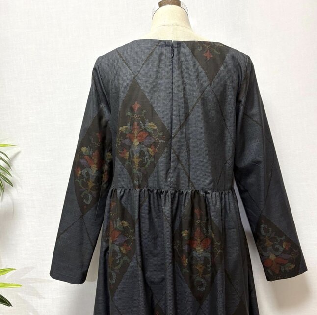 着物リメイク 大島紬花柄ワンピース ロング 2WAY ゆったり ふんわり