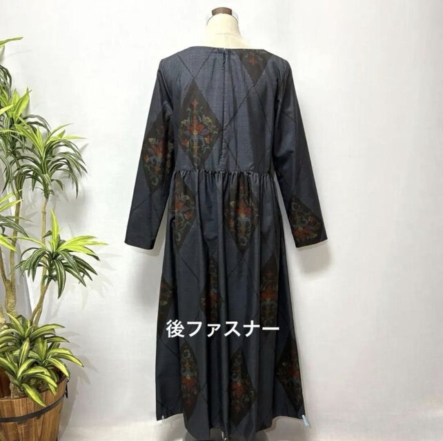 着物リメイク 大島紬花柄ワンピース ロング 2WAY ゆったり ふんわり