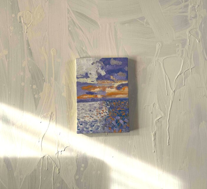 原画 油彩画「バイオレット色の海」絵画・アート・キャンバス