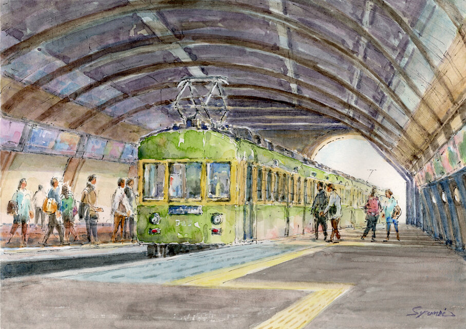 水彩画原画 江ノ電藤沢駅ホーム 3 ＃718 | iichi 日々の暮らしを