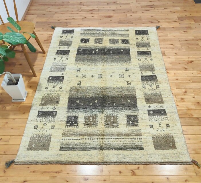 ペルシャ ギャッベ リビング ラグ 196x148cm ベージュ グレー 無染めの