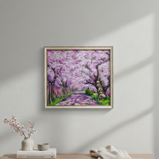 油彩画「満開の桜のトンネル」桜並木 春のインテリア | iichi 日々の