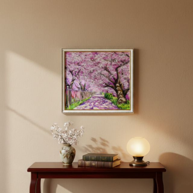 油彩画「満開の桜のトンネル」桜並木 春のインテリア | iichi 日々の