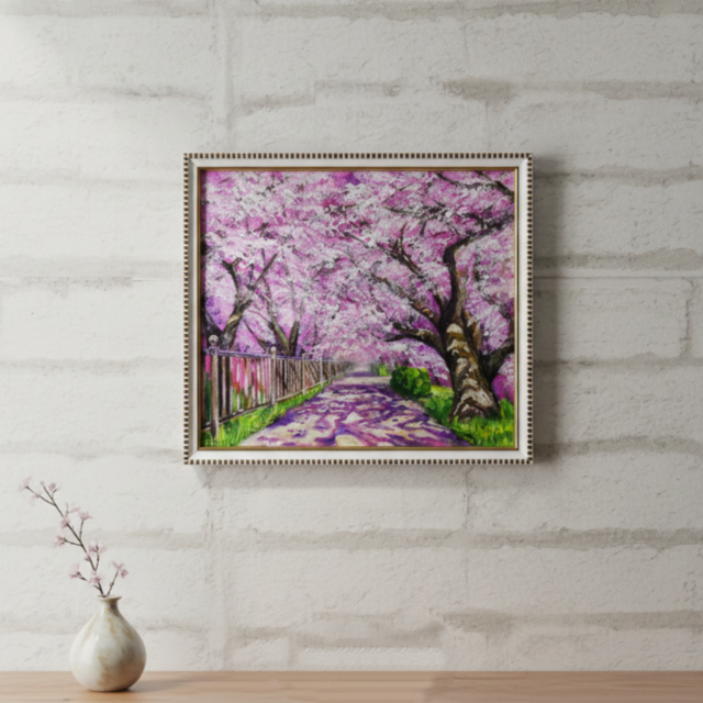 油彩画「満開の桜のトンネル」桜並木 春のインテリア | iichi 日々の