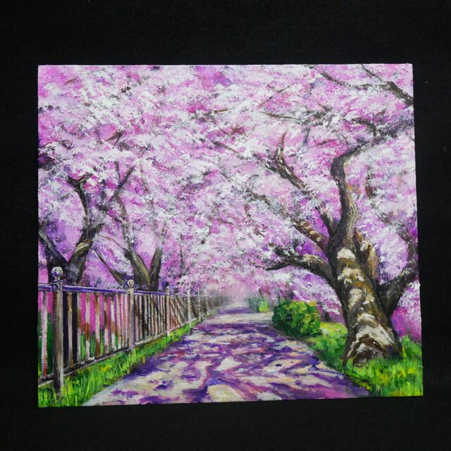 油彩画「満開の桜のトンネル」桜並木 春のインテリア | iichi 日々の