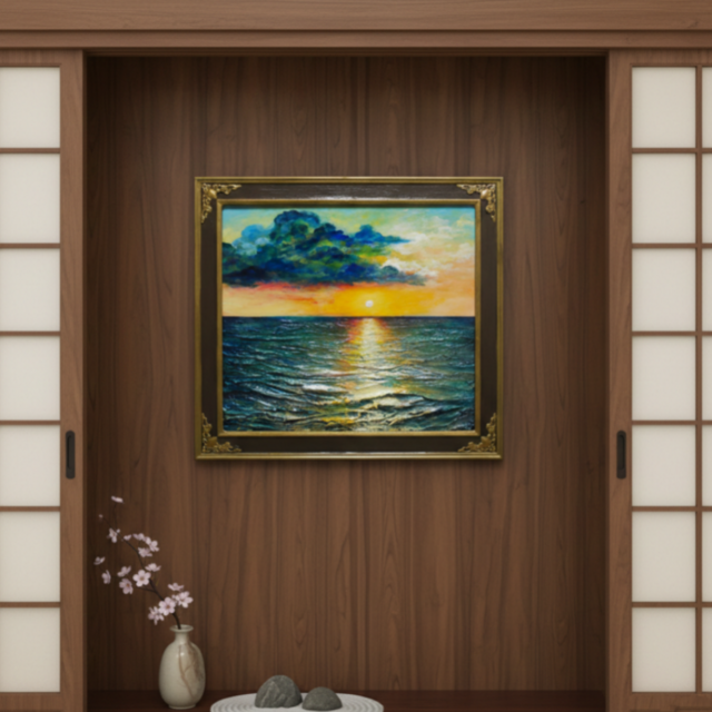 油絵【Sea at Dusk】夕暮れの海 ｜ フレーム付 原画 玄関・寝室の彩り